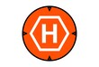 Red drone take-off and landing pad with cardinal point markings, isolated on a white background. High-visibility helipad icon for remotely-operated multicopter aircraft, unmanned aerial vehicles.