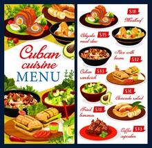 Cuban Cuisine Restaurant Menu Vector Cover. Cuban Dishes With Meat And Vegetables. Pulpeta Meatloaf, Meat Stew, Beans With Rise, Sandwich And Desserts, Avocado Salad, Fried Bananas, Mojito Or Lemonade