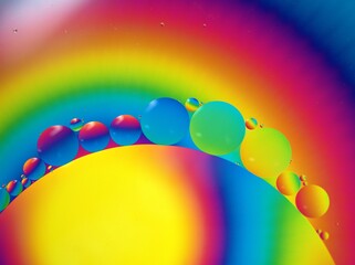 Closeup oil bubbles with colorful background and blurred ,macro image ,sweet color ,droplets rainbow and colorful balloons background, abstract background