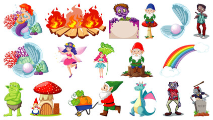 Wall Mural - Set of fantasy cartoon characters and fantasy theme isolated on white background