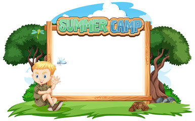 Wall Mural - Border template design with boy at summer camp