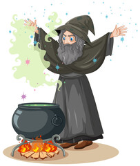 Old wizard with spell and magic pot cartoon style isolated on white background