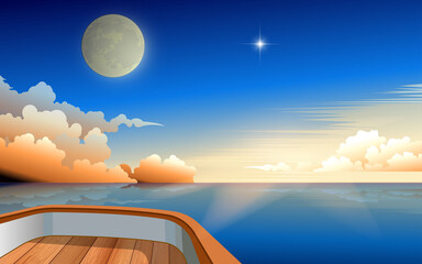 Wall Mural - view of moon and sunrise in the morning in the ocean on wooden boat