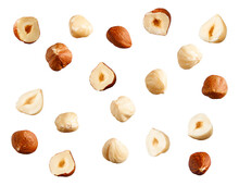 Full And Halfs Of Hazelnuts On White Background.