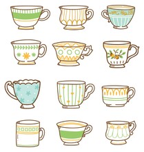 Hand Drawn Vintage Tea Cups Set 
