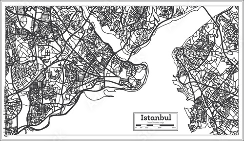 Fotografía Istanbul Turkey City Map in Black and White Color in Retro Style