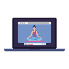 Wall Mural - online, yoga concept, woman practices yoga and meditation, watching a broadcast on a laptop computer