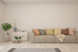 Fototapeta  - White living room with sofa. Scandinavian interior design. 3D illustration