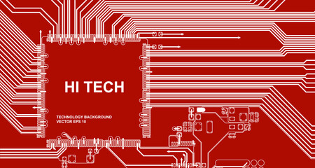 Abstract high tech background with a red circuit board texture. Vector technological Illustration.