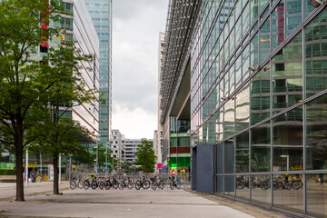 Corporte building Vienna.  The Vienna International Center is a Complex with tall skyscrapers and high rise (corporate and residential) buildings next to the Danube River. 