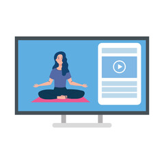 Wall Mural - online, yoga concept, woman practices yoga and meditation, watching a broadcast on a computer