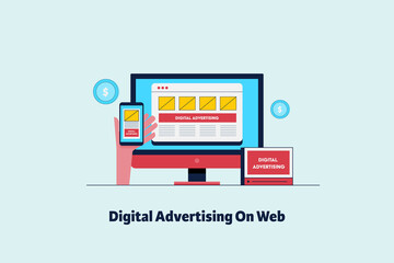 Wall Mural - digital advertising on web, native advertising, cross device marketing, responsive ad on desktop and