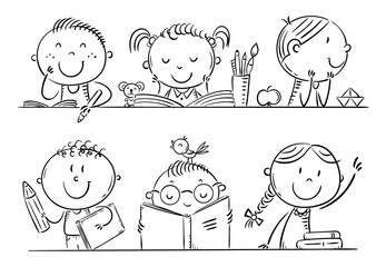 Leinwandbilder - Cartoon kids in the classroom at school sitting at their desks, outline cartoon illustration