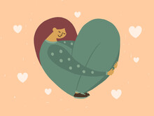 Self Care, Acceptance, Body Positive Concept. Love Yourself Illustration. Young Woman Hugs Her Knees. Cute Girl With Closed Eyes Sitting In Heart Shaped Pose. Vector Card For Womens Or Valentines Day