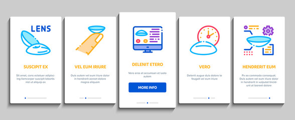 Poster - Contact Lens Accessory Onboarding Mobile App Page Screen Vector. Contact Lens On Finger, Eyedropper With Liquid, Eye Tool Information On Computer Screen Color Illustrations