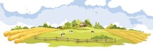 Abstract Rural Landscape With Cows And Village. Watercolor Vector Illustration, Wheat Fields And Meadows.