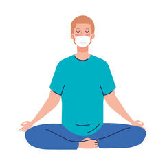 Poster - man meditating wearing medical mask against covid 19, concept for yoga, meditation, relax, healthy lifestyle