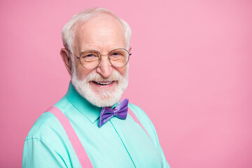 Sticker - Closeup photo of amazing look grandpa positive facial expression toothy beaming smile wear specs mint shirt suspenders violet bow tie isolated pastel pink color background