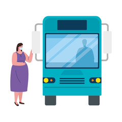 Sticker - social distancing with woman wearing medical mask in bus station, city community transport with diverse commuters together, prevention coronavirus covid 19