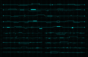 Set of HUD futuristic header, footer and line elements on dark hi tech background. FUI design elements for web, banner, flyer, music event. Editable stroke. Good for animation. Vector