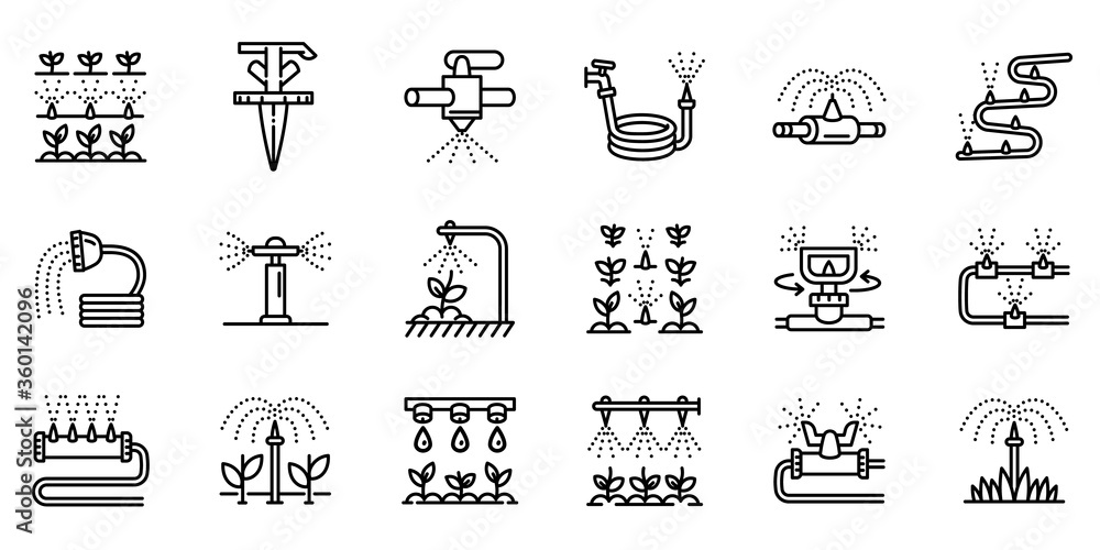 Irrigation system icons set. Outline set of irrigation system vector icons for web design isolated on white background - obrazy, fototapety, plakaty 