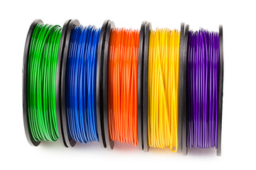 Black, red, blue, green, violet, orange, yellow, white filament 3d printer isolated on white background