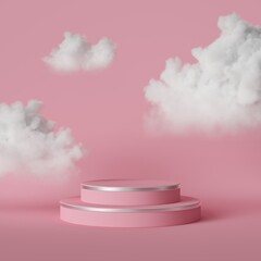 Wall Mural - 3d render, minimal digital illustration. White clouds floating above the round podium, empty stage, cylinder pedestal steps. Objects isolated inside pink room, modern fashion concept. Dream metaphor