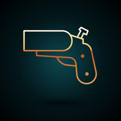 Poster - Gold line Flare gun pistol signal sos icon isolated on dark blue background. Emergency fire shoot target smoke. Orange 911 launcher. Vector Illustration.