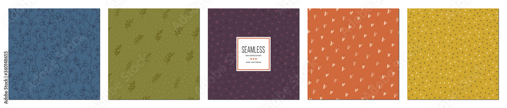Trendy seamless patterns set. Rustic floral design. For fashion fabrics, kid’s clothes, home decor, quilting, T-shirts, backgrounds, cards and templates, scrapbooking etc.  - obrazy, fototapety, plakaty 