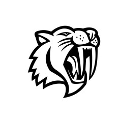 Wall Mural - Angry Saber Toothed Cat Head Mascot Black and White