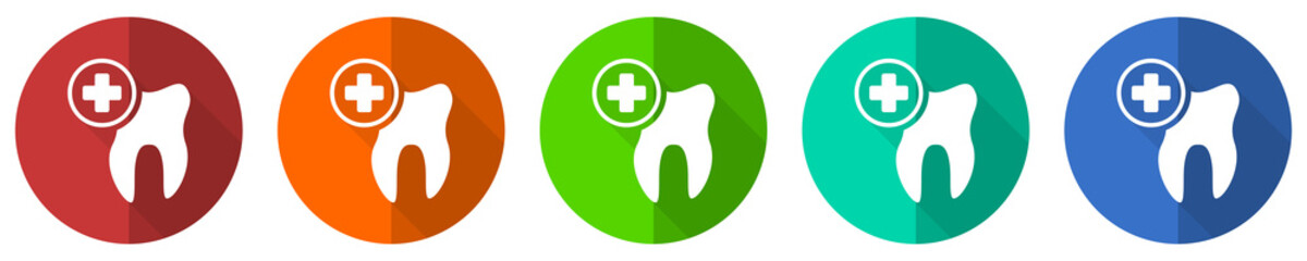Aufkleber - Dentist icon set, dental, tooth, red, blue, green and orange flat design web buttons isolated on white background, vector illustration