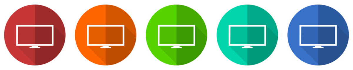 Fototapete - Screen, tv icon set, red, blue, green and orange flat design web buttons isolated on white background, vector illustration