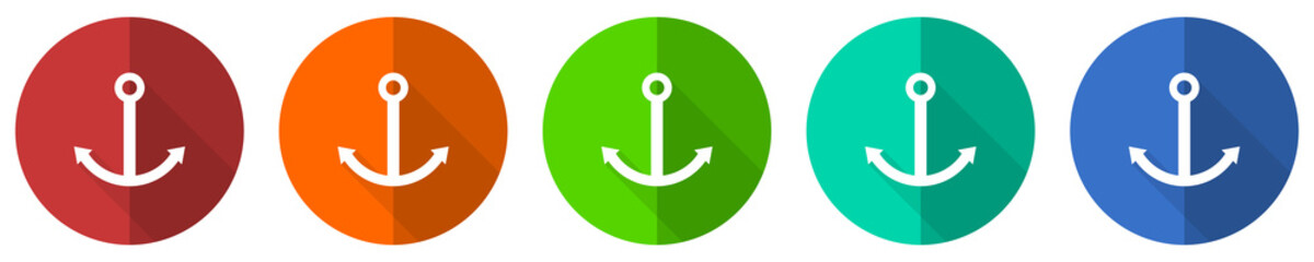 Aufkleber - Anchor icon set, red, blue, green and orange flat design web buttons isolated on white background, vector illustration