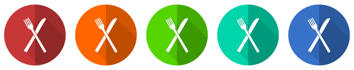 Poster - Restaurant icon set, red, blue, green and orange flat design web buttons isolated on white background, vector illustration