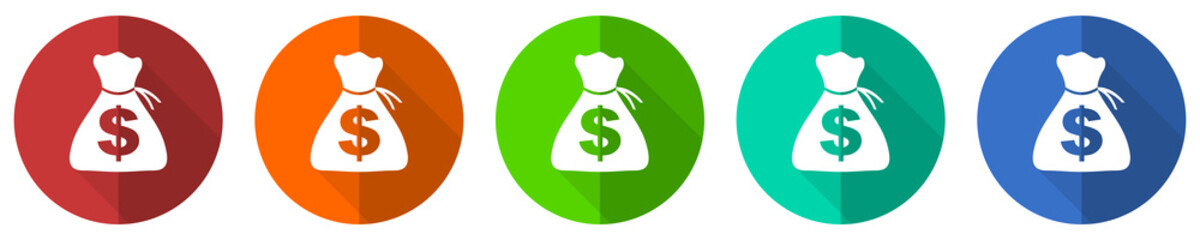 Leinwandbilder - Money icon set, red, blue, green and orange flat design web buttons isolated on white background, vector illustration