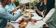 Multi ethnic Group of people dining out smiling and laughing, Friends sitting at the dinner table talking and planning to go on summer vacation together in a car with tents, Friendship Celebration