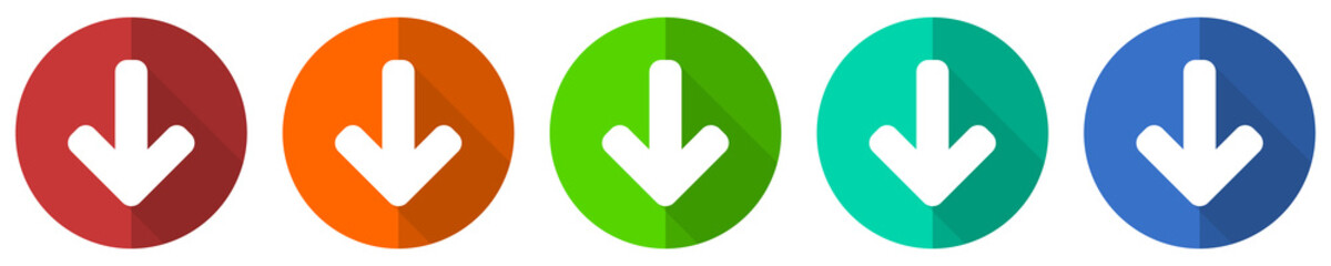 Fototapete - Down arrow icon set, download, red, blue, green and orange flat design web buttons isolated on white background, vector illustration