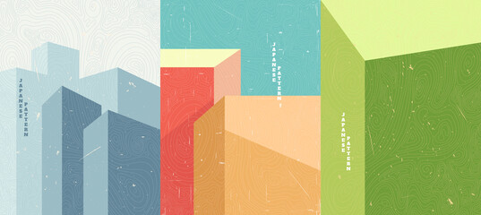 Wall Mural - Vector illustration. Abstract minimalist polygonal shapes. Building with shadows. Design for poster, cover, brochure. Wavy topographic linear pattern. Scratches old paper effect. Retro bright color