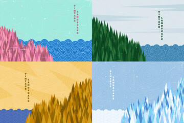Wall Mural - vector illustration set. wood surface texture. forest near water scene. 4 seasons. design for gift c