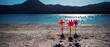 Sand beach with windmill, pinwheel toy. Summer vacation. Blurred background