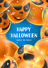 Wall Mural - Happy Halloween party poster. Holiday promo banner with scary balloons and orange confetti on blue background. Invitation to nightclub.