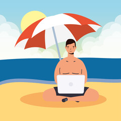 Canvas Print - man using laptop on the beach summer vacations scene