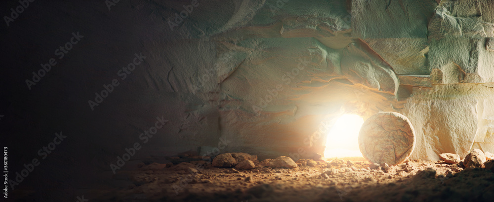 Christian Easter concept. Jesus Christ resurrection. Empty tomb of Jesus with light. Born to Die, Born to Rise. "He is not here he is risen". Savior, Messiah, Redeemer, Gospel. Alive. Miracle - obrazy, fototapety, plakaty 