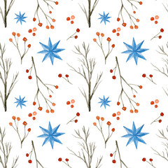 Watercolor pattern of tree branches with red berries and blue stars. Hand-drawn illustration isolated on the white background. Christmas eve theme.