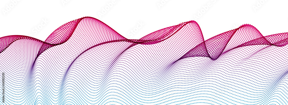 Dynamic wave transparent tulle textile on wind, particles flow, effect in motion. Vector abstract background. 3d shape dots blended mesh, relaxing calming wallpaper. - obrazy, fototapety, plakaty 