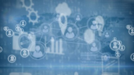 Wall Mural - animation of web connections with social icons and data processing floating over african american