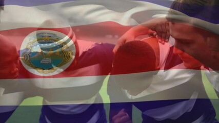 Poster - Animation of Costa Rican flag waving over multi-ethnic male rugby team