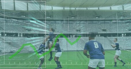 Canvas Print - Animation of data floating in frames and graph forming over two multi-ethnic rugby teams playing rug