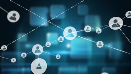 Animation of a growing network of connections with people icons on a black background with blue squa