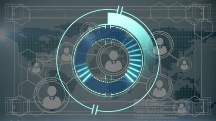 Wall Mural - animation of network of connections of people icons and scope scanning over world map